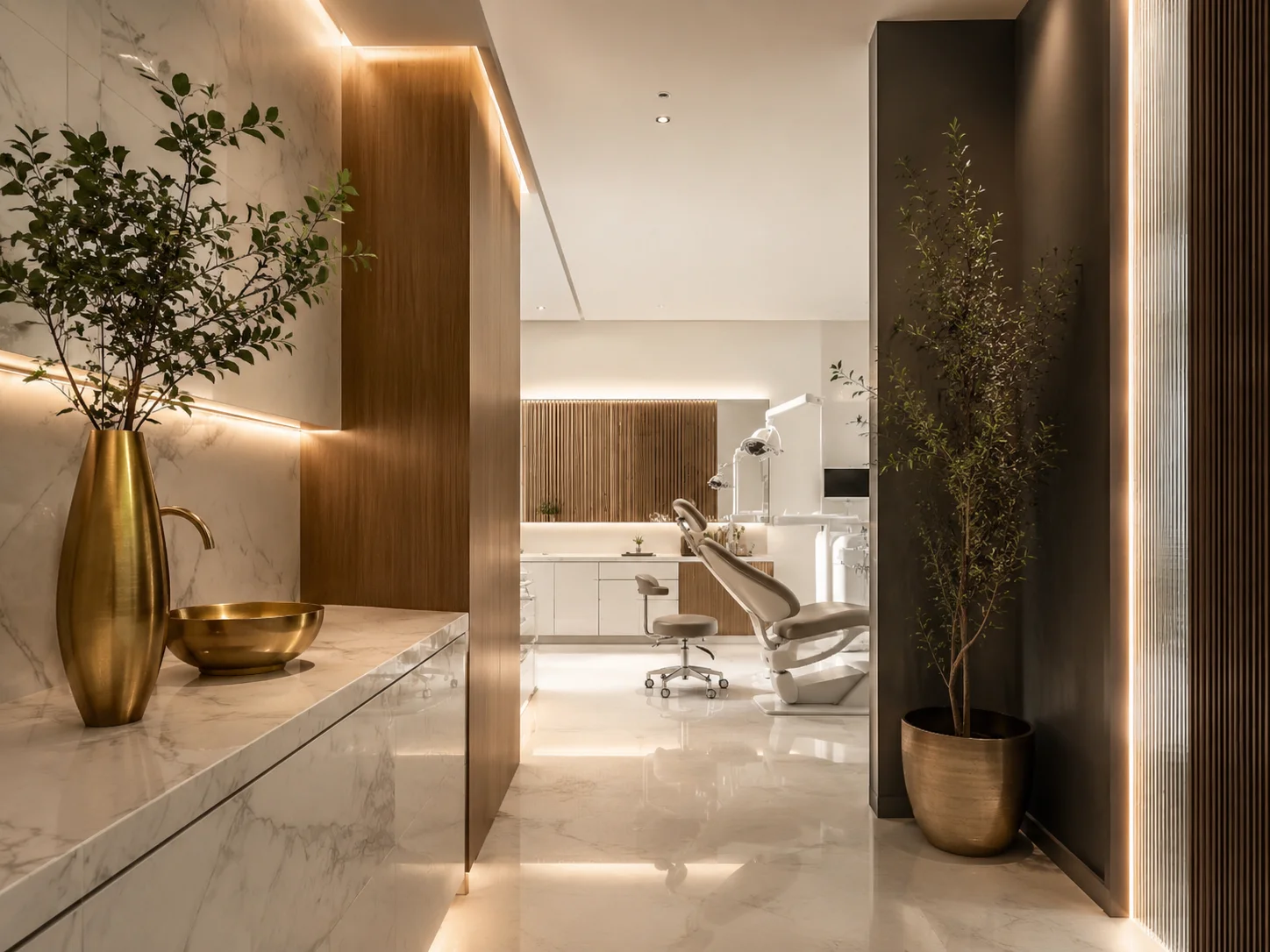 Interior da clínica D+Dents Odontologia em mármore, madeira e latão, sob luz quente